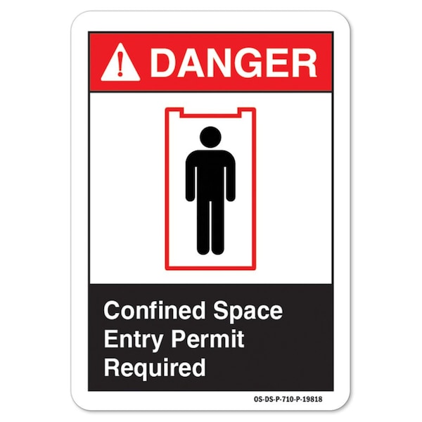 ANSI Danger Sign, Confined Space Entry Permit Required, 18in X 12in Decal, 12" H, 18" W, Landscape